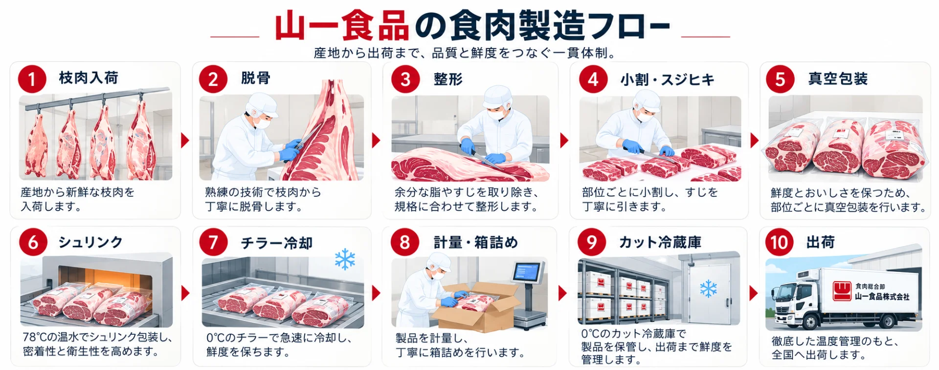 山一食品の食肉製造フロー図：枝肉入荷から脱骨、整形、小割・スジヒキ、真空包装、シュリンク、チラー冷却、計量・箱詰め、カット冷蔵庫、出荷までの10工程