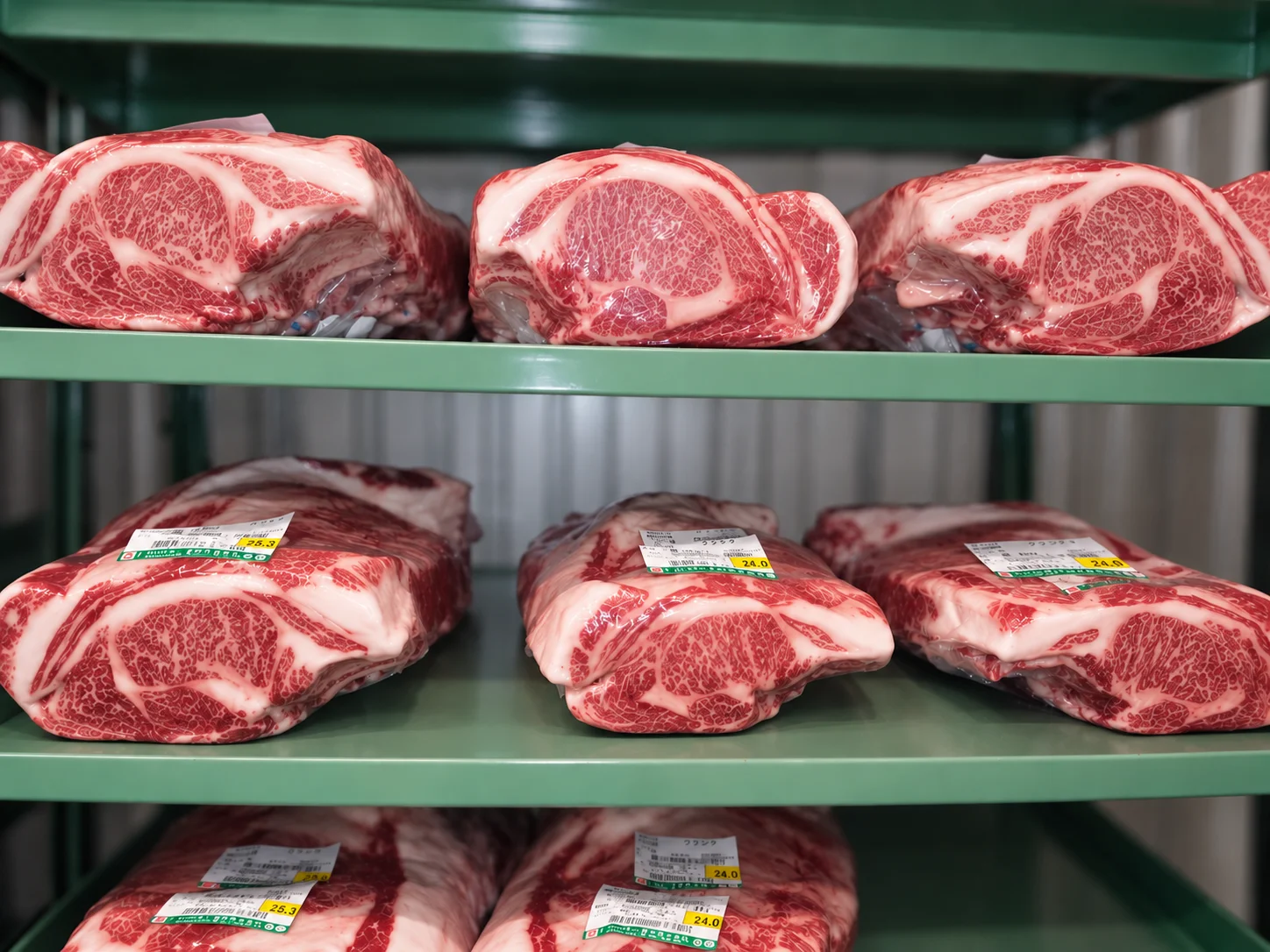 冷蔵庫の棚に並ぶ霜降り牛肉のブロック肉